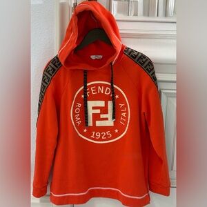 Fendi women orange hoodie with logo on sleeves and front